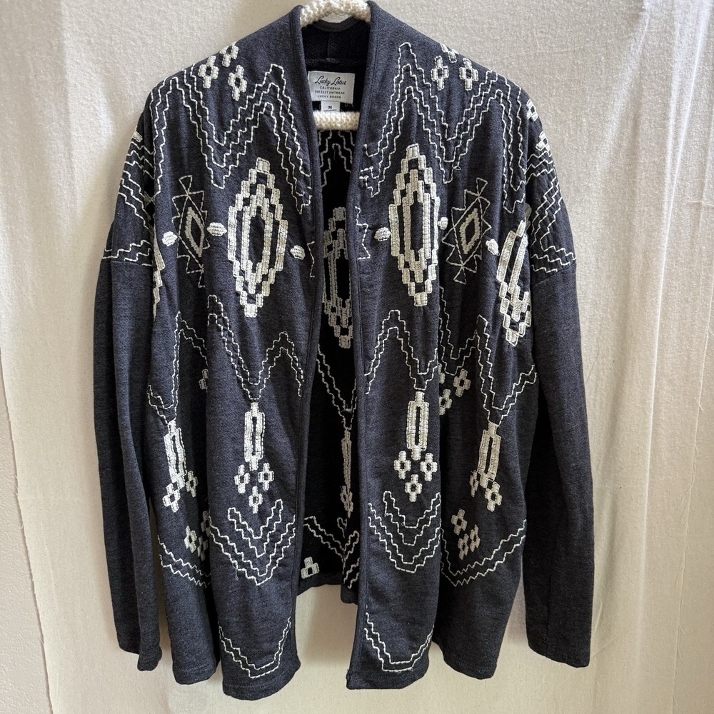 Luckly‎ Lotus Lucky Brand Aztec Design Soft Knitwear Open Embroidered Cardigan M